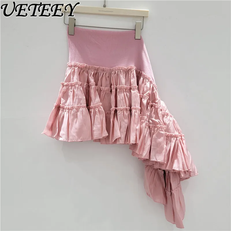 صيف جديد الفرنسية عالية الخصر غير النظامية كشكش ليف تنورة المرأة صديرية دائرية اثنين ارتداء بلون الربط تنوعا التنانير