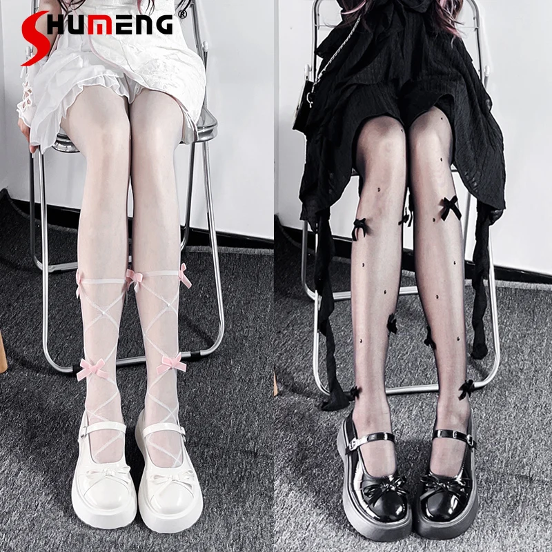 

White Stockings With Calf Straps Pearl Bowknot Pantyhose For Women's Lolita Japanese Sweet Girl Summer Thin Style Tights Socks