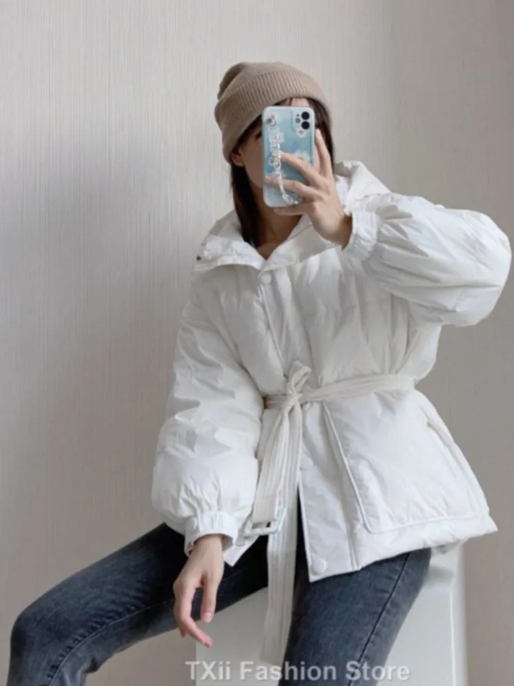 TXii Fashion Winter Women Down Jacket 2023 Winter 90% White Duck Down Coat Belted Thick Warm Female Feather Puffer Parkas