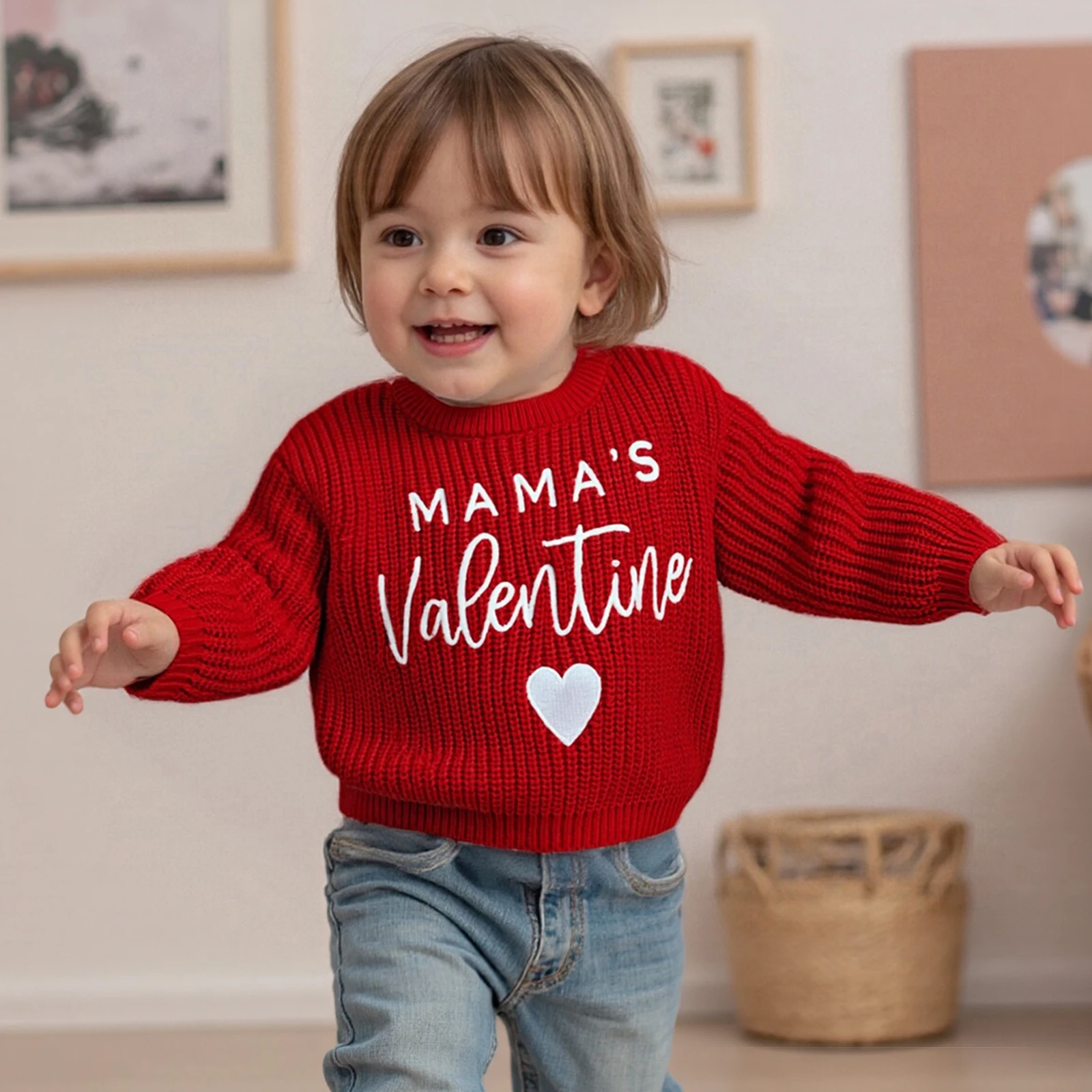 0-4Y Baby Valentine's Day Sweaters Long Sleeve Round Neck Letter Heart Embroidery KnitTops Toddler Pullover Sweaters Knitwear