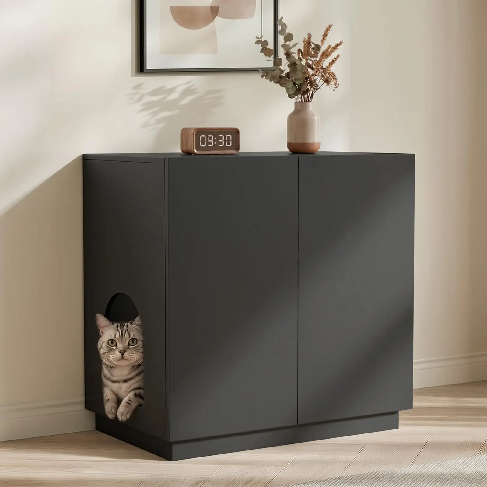 Large/Tall Litter Box Enclosure, Modern Wooden Litter Box Furniture for XL Litterbox with Hidden Storage as Sideboard
