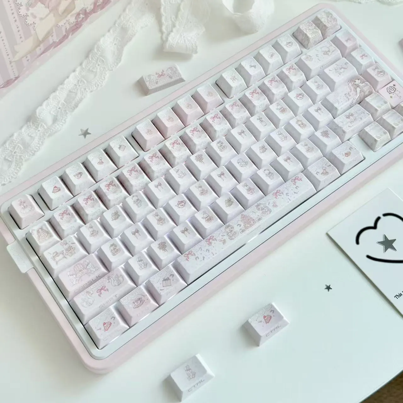 Rabbit Bear Theme Keycaps Set Cherry Profile Side Carving Transmission PBT Sublimation Custom Original Handmade Accessories DIY