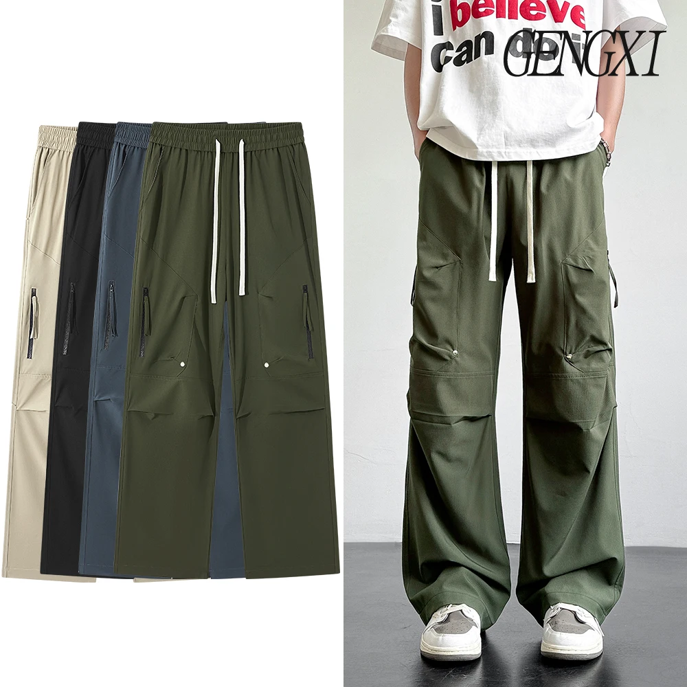

2025 New Street Style Workwear Trousers American High Street Zipper Pocket Loose Casual Trousers Unisex Wide Leg Trousers
