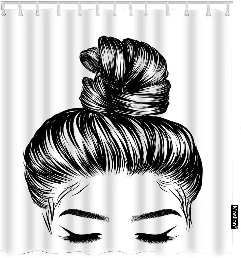 Girl Bath Shower Curtain Set Sketch of Woman Fashion Bun Perfect Eyebrow Eyelash Shower Curtains Home Decorative Extra Long