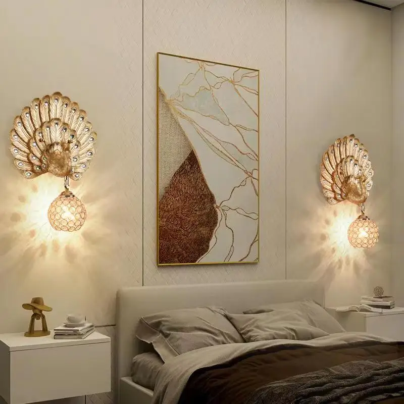 SOFITY Contemporary Resin Peacock Wall Light LED Gold Creative Crystal Sconce Lamps For Home Living Room Bedroom Decor
