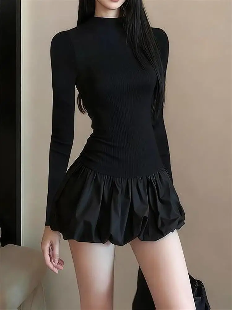 Women Slim Long-Sleeve Dress Half High Collar Puffy Dress Autumn and Winter Party Solid Color Dresses Black Fashion Elegant