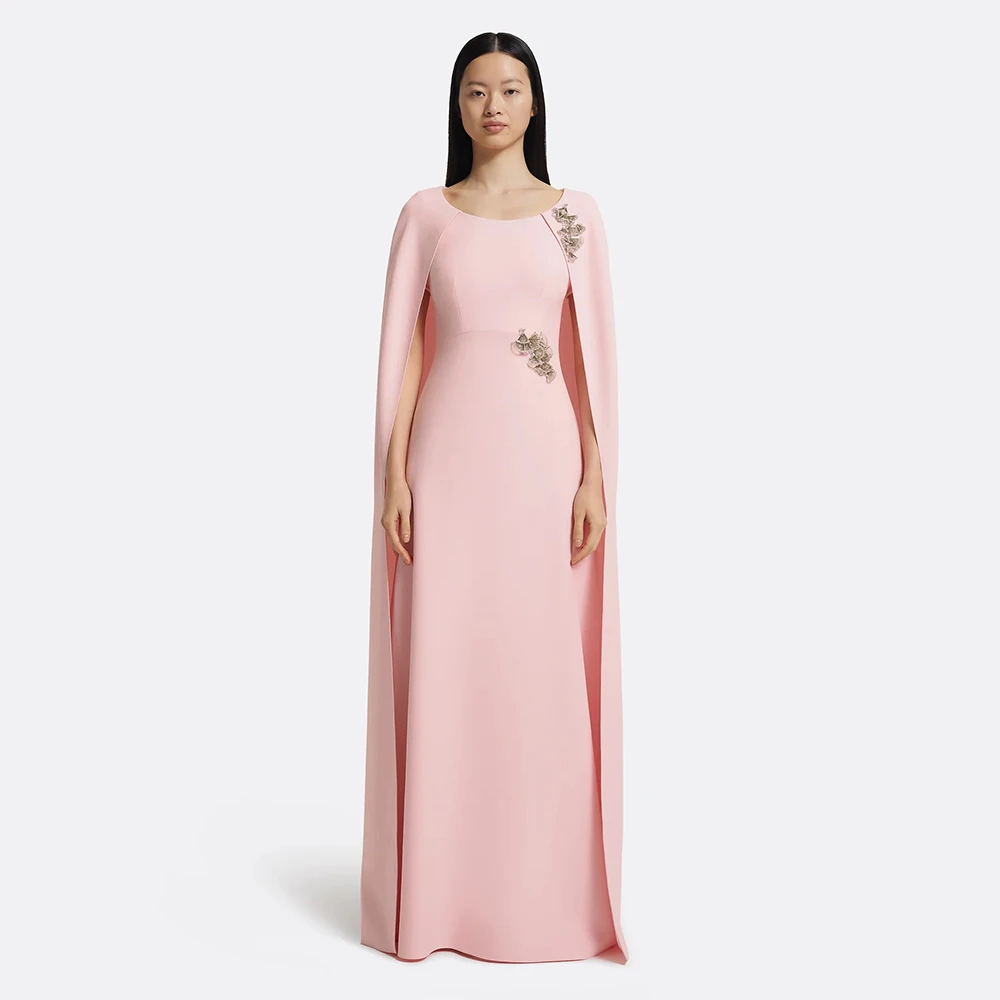 Sukienka wieczorowa z dekoltem w kształcie litery O, różowa, prosta, do ziemi, z aplikacjami, trenem zamiatającym, sukienka na przyjęcie, syreni krój, długość do podłogi, suknia balowa, model 2025.