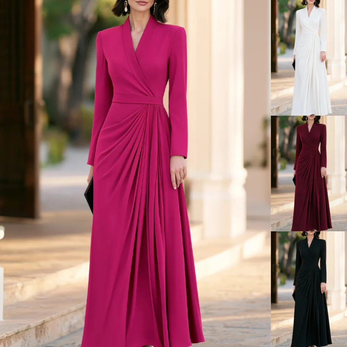 Damen V-Ausschnitt Langarm Maxikleid Elegantes Gerafftes Tailliertes Wickelkleid für Party, Abend, Cocktail, Hochzeit, Gastkleid