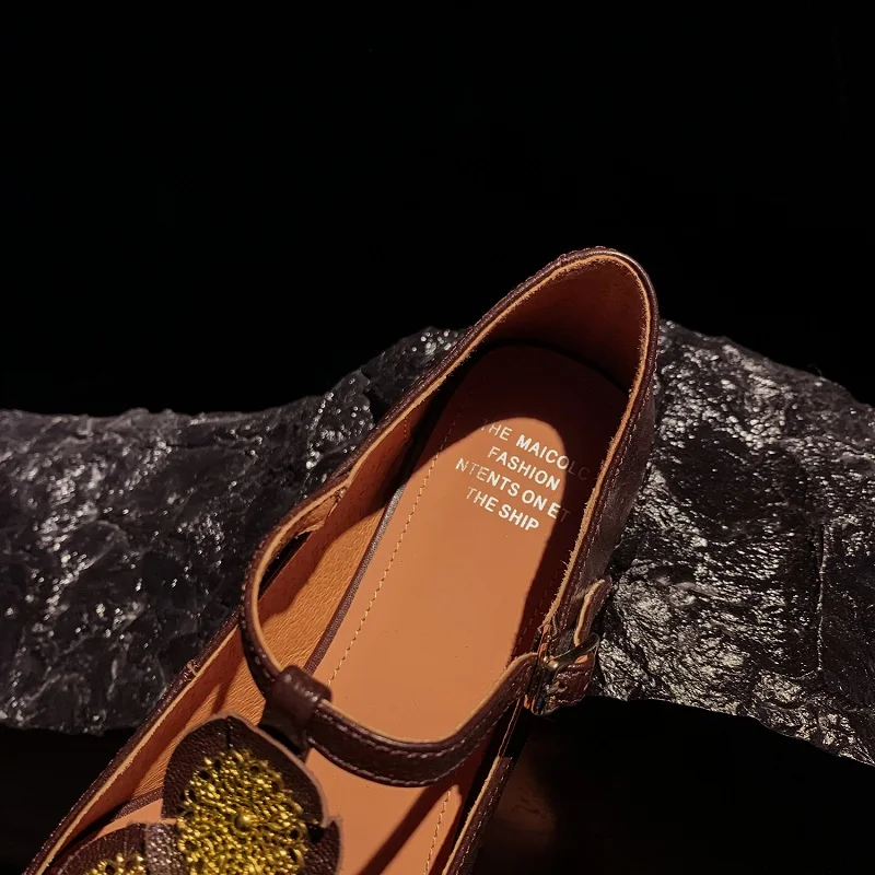 【JOCHEBED HU】Women\'s Shoes 2024 New Brand Fashion Genuine Leather Low Heels T-strap Dress Casual Lady Pumps Size 34-40