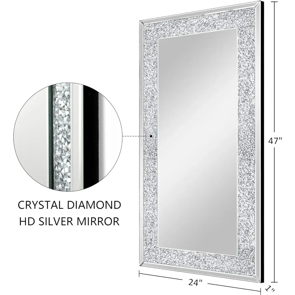 Crystal Crush Diamond Wall Mirror-47 x24 Silver Mirror, Gorgeous Rectangle Mirrors 