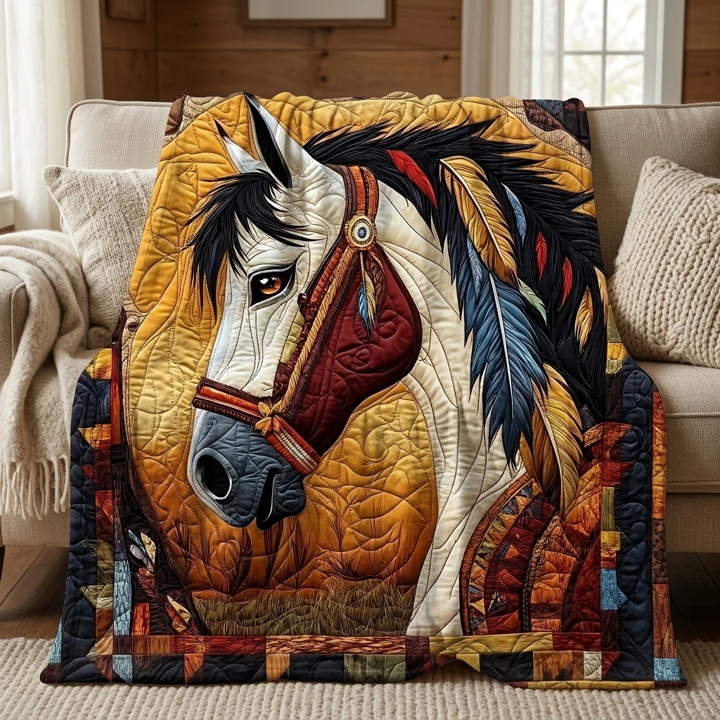 

1PC Bohemian Western Horse with Patchwork Border Thick Flannel Throw Blanket, Soft Warm Throw, Perfect Gift for Adult Boys Girl