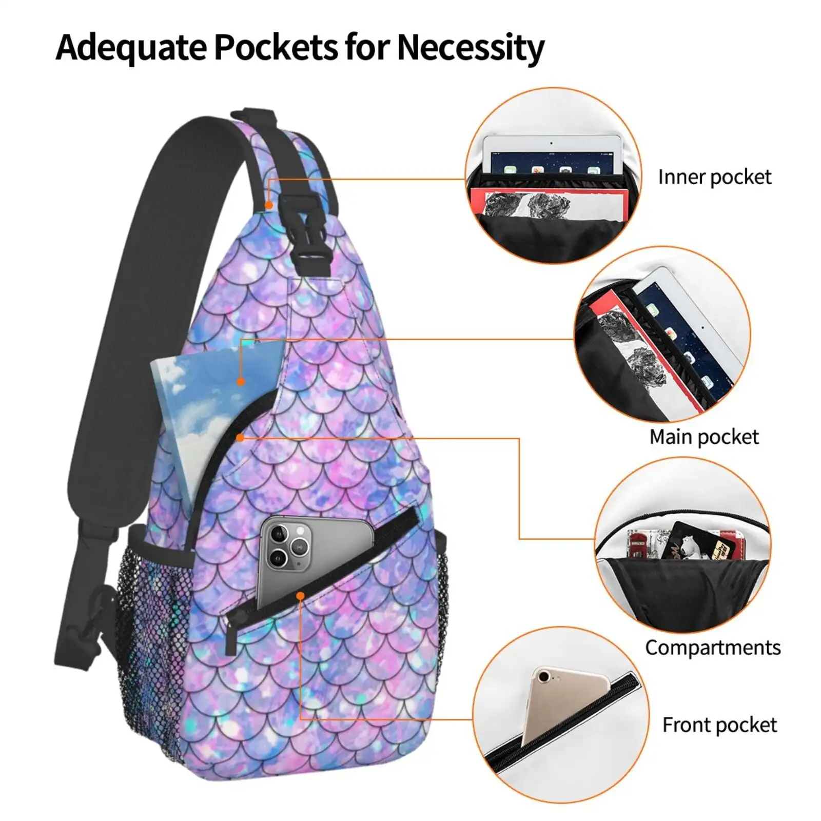 Mermaid Scales Fashion Shinning Colorful Sling Bag Crossbody Chest Backpack For Women Men Casual Adjustable Shoulder Daypack For