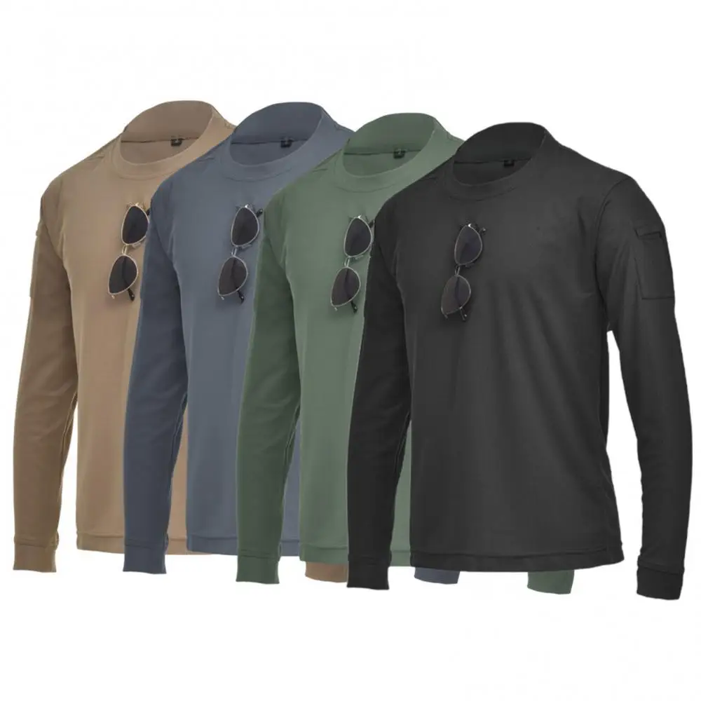 Men Casual Long Sleeve O Neck Sweat Absorbent Pockets Loose Pullover T-shirt Outdoor Hiking Climbing Training Military T Shirt