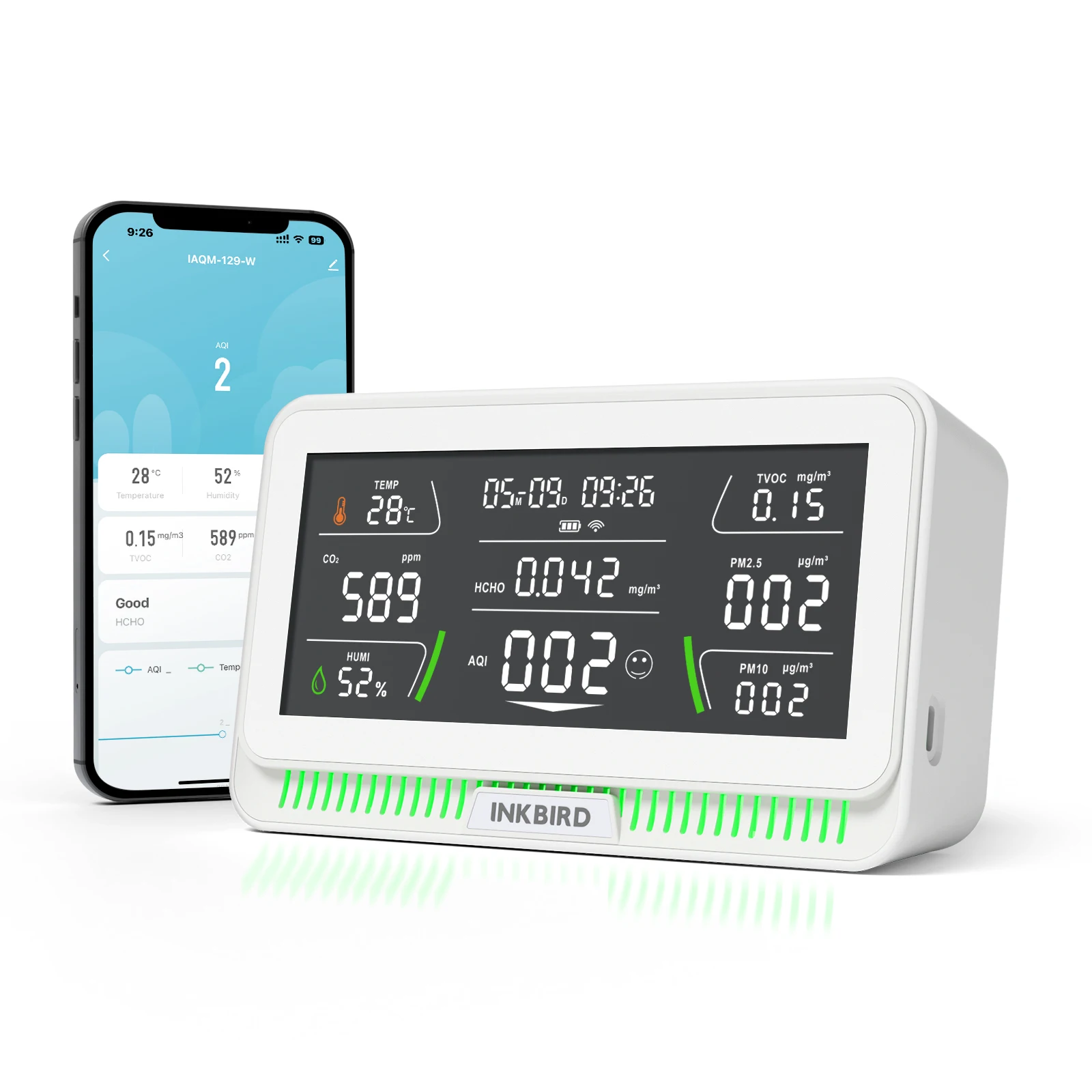 INKBIRD Multifunctional Air Quality Monitor IAQM-129-W for Indoor Co2/ Temperature/ Humidity/ AQI/ HCHO/ PM2.5/ TVOC/ PM10