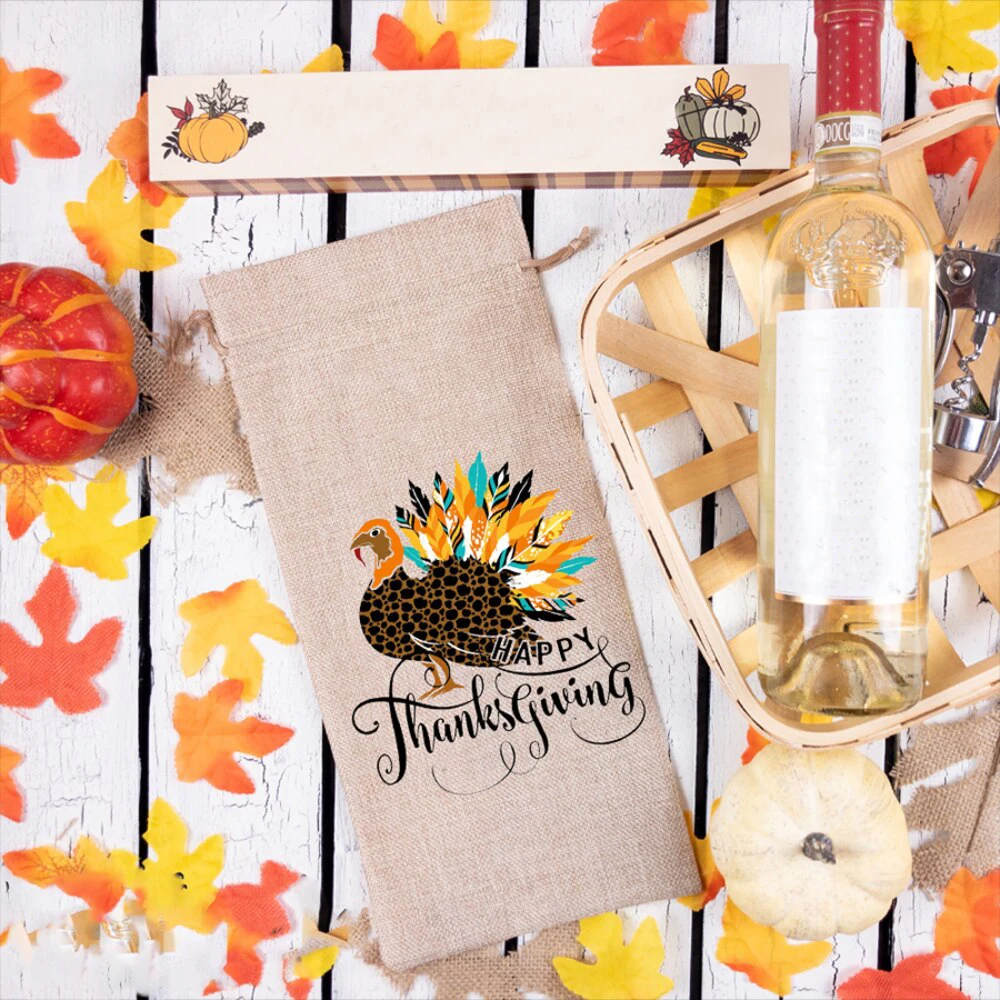 Happy Thanksgiving Wine Bag Bottle Cover Thanksgiving Party Home Table Decor Drawstring Bags Fall Holiday Gifts for Family