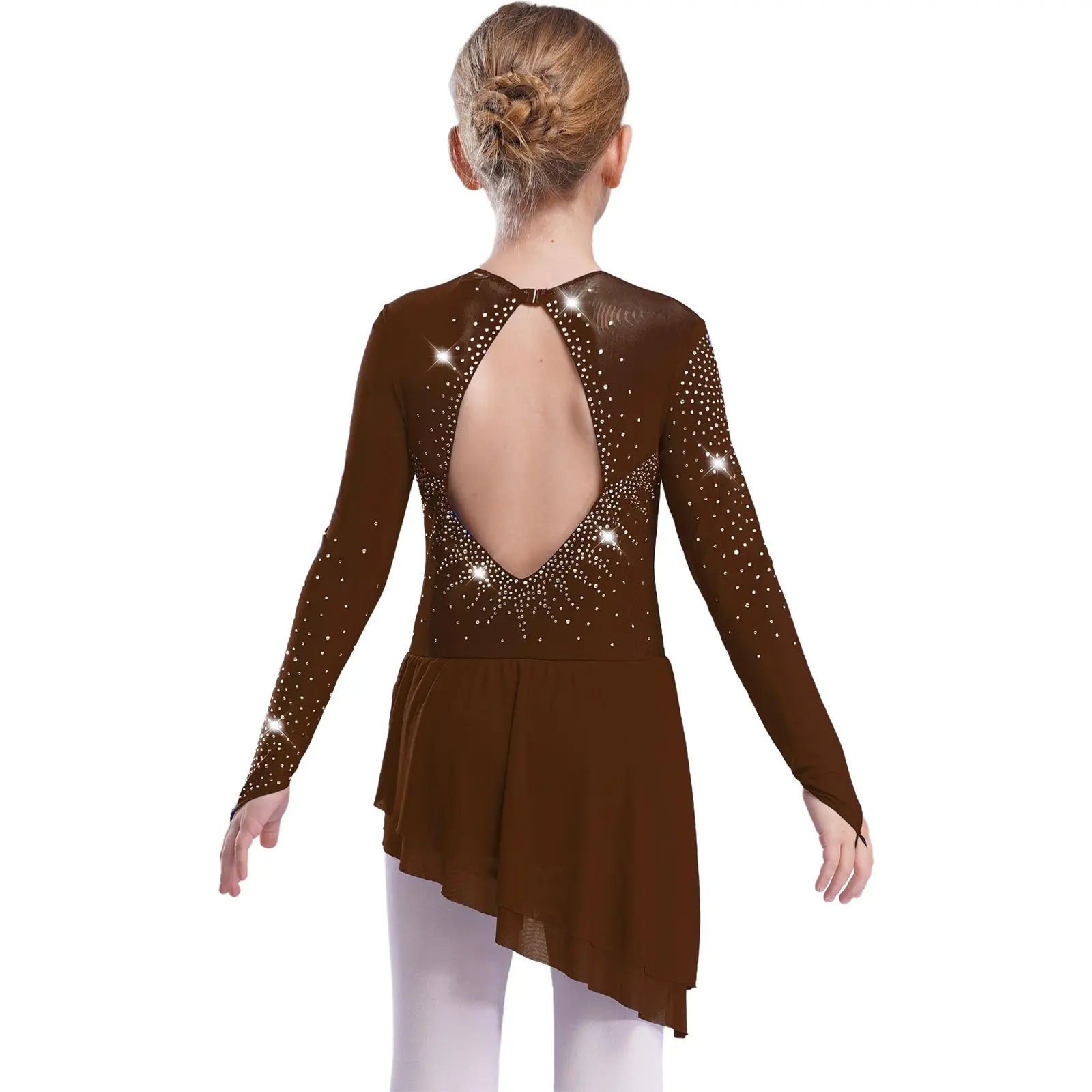 Mädchen Gymnastik Eiskunstlauf Modernes Ballett-Trikot Lyrisches Tanzkostüm Transparentes Netz Glitzernde Strass-Leotards Kleid – Detail 11
