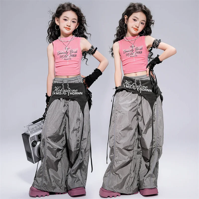 Ubrania Hip Hop dla Dziewczynek Dziecięce Kostiumy Jazzowe Street Dance Różowe Bezrękawniki Szare Spodnie Casualowe dla Dzieci Strój na Występ