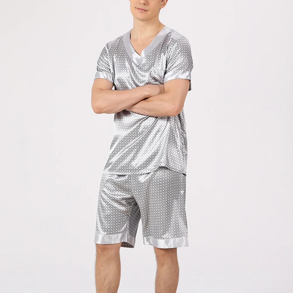 Men's Emulation Silk Satin Pajamas Set Geometry  Print Silver Gray V Neck Shorts Sleeve Tops T Shirt +shorts Sleepwear Sets