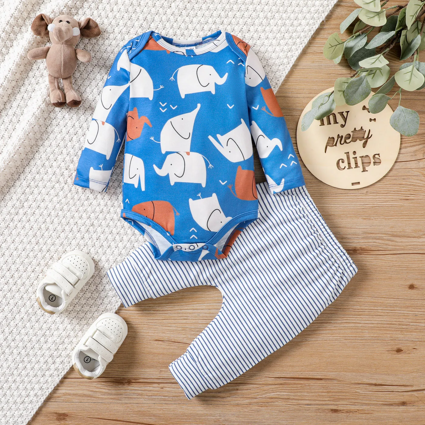 PatPat 2pcs Baby Boy Hyper-Tactile Animal Pattern Elephant Set