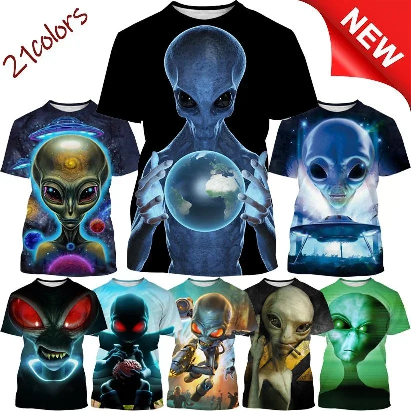 Fashion Men's Sports Top Personality Hip-hop Round Neck Casual T-shirt Summer Funny Alien 3D Printing Men's Short-sleeved