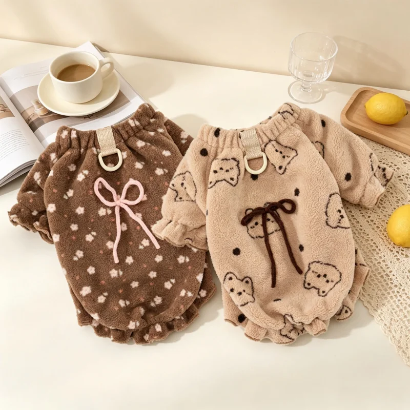 Warm Plush Dog Pullovers Luxury Pet Hoodie Autumn Soft Dog Clothes Cute Bow Puppy Top Ruffle Cat Shirt Bear Print Pet Sweatshirt