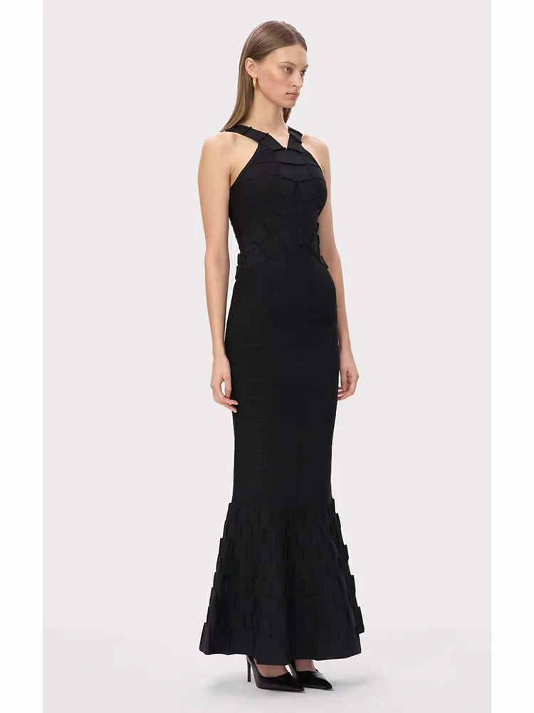 مثير السباغيتي الأشرطة حورية البحر ضمادة فستان المرأة السوداء أكمام عارية الذراعين Bodycon فساتين طويلة مساء رداء حفلات