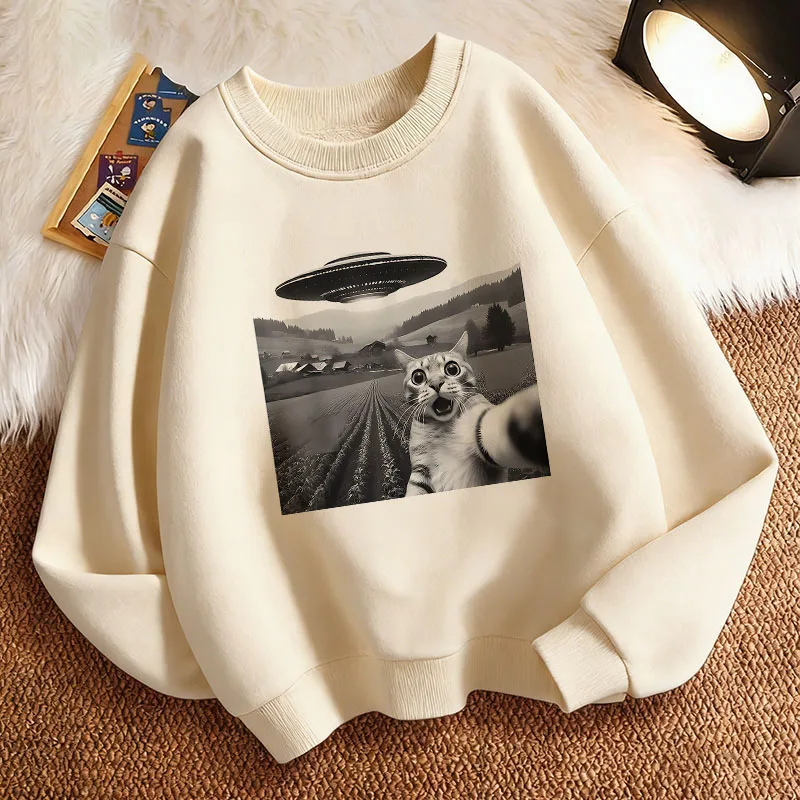 Retro UFO and Cat Pattern Print Children's Sweatshirt Pullover Spring Crew Neck Graphic Casual Print Hoodie Boy Girl Kids Hoody