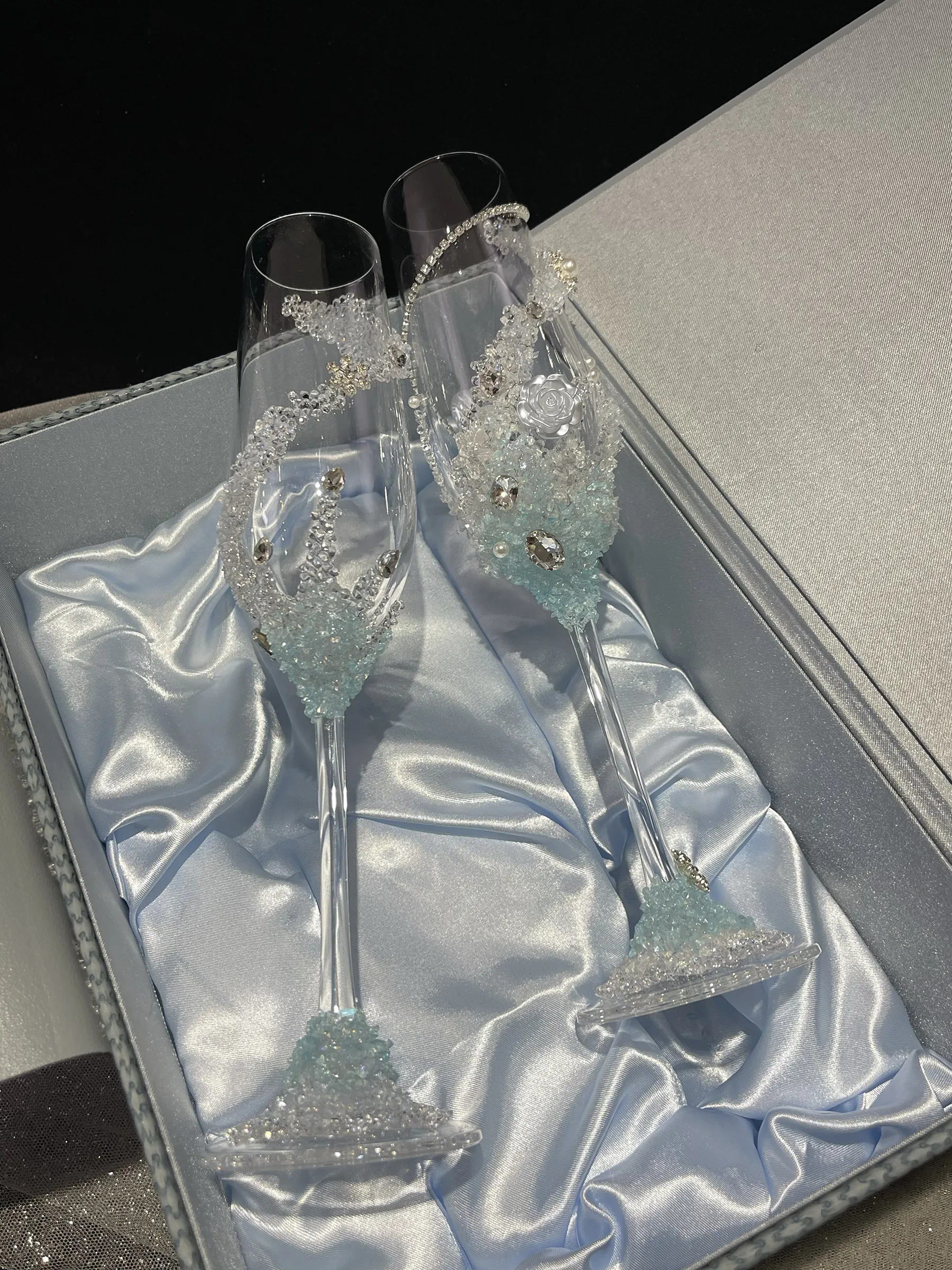 Finished Blue Wedding Toast Glass Silver Champagne Glass Broken Diamond Shiny Galaxy Cup Floral Engagement Wedding Gift