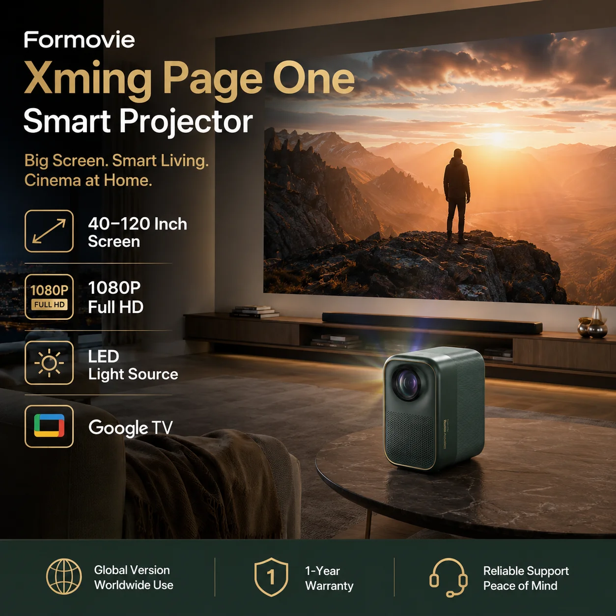 Proyector inteligente Formovie Xming Page One, 300 lúmenes ANSI, resolución nativa 1080P Full HD, Google TV, 2 GB + 16 GB, pantalla de 40 a