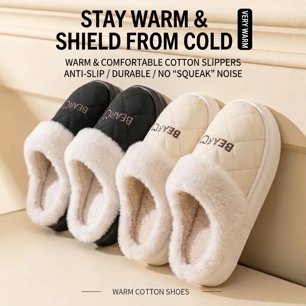 Unisex Winter Warme Plüsch-Hausschuhe für Damen und Herren, niedliche Bären-Stepphausschuhe mit Plateausohle, wasserdicht, rutschfest, für drinnen und draußen, Mules – Detail 1