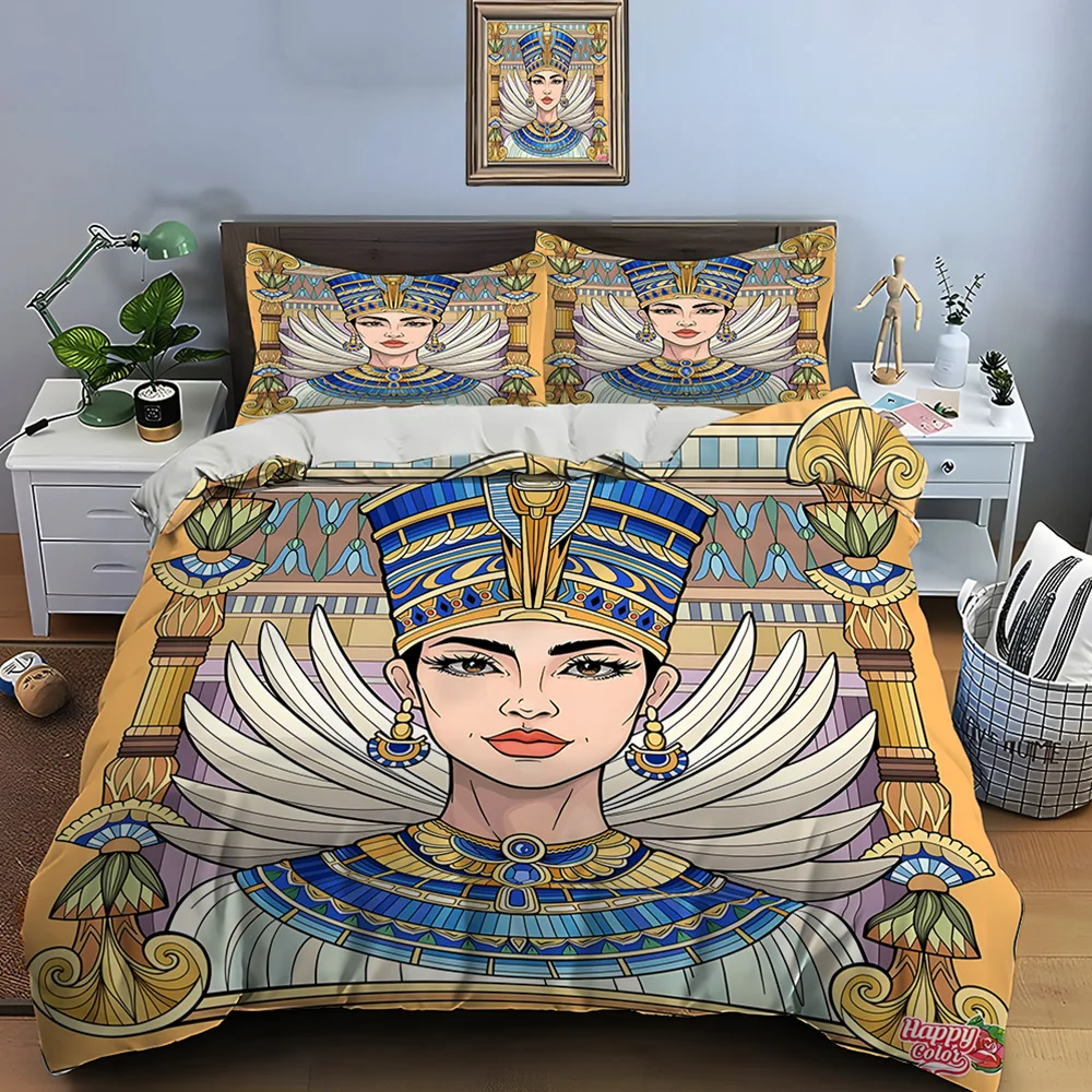 Egyptian-style ornate portrait Bedding Set for Kids Luxury Gift 3pcs Digital Print Comforter Set Soft Comfortable Breathable