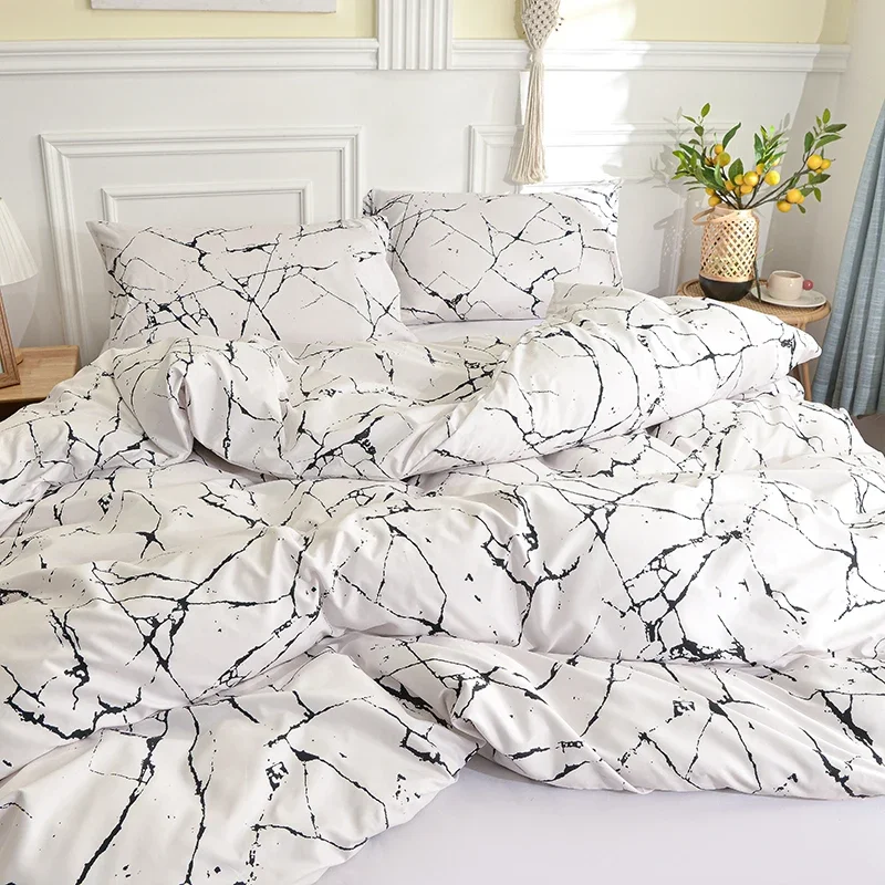 Juego de cama en blanco y negro para cama doble, sábanas para cama matrimonial, juegos de edredón Queen/King, funda de edredón individual con funda de almohada
