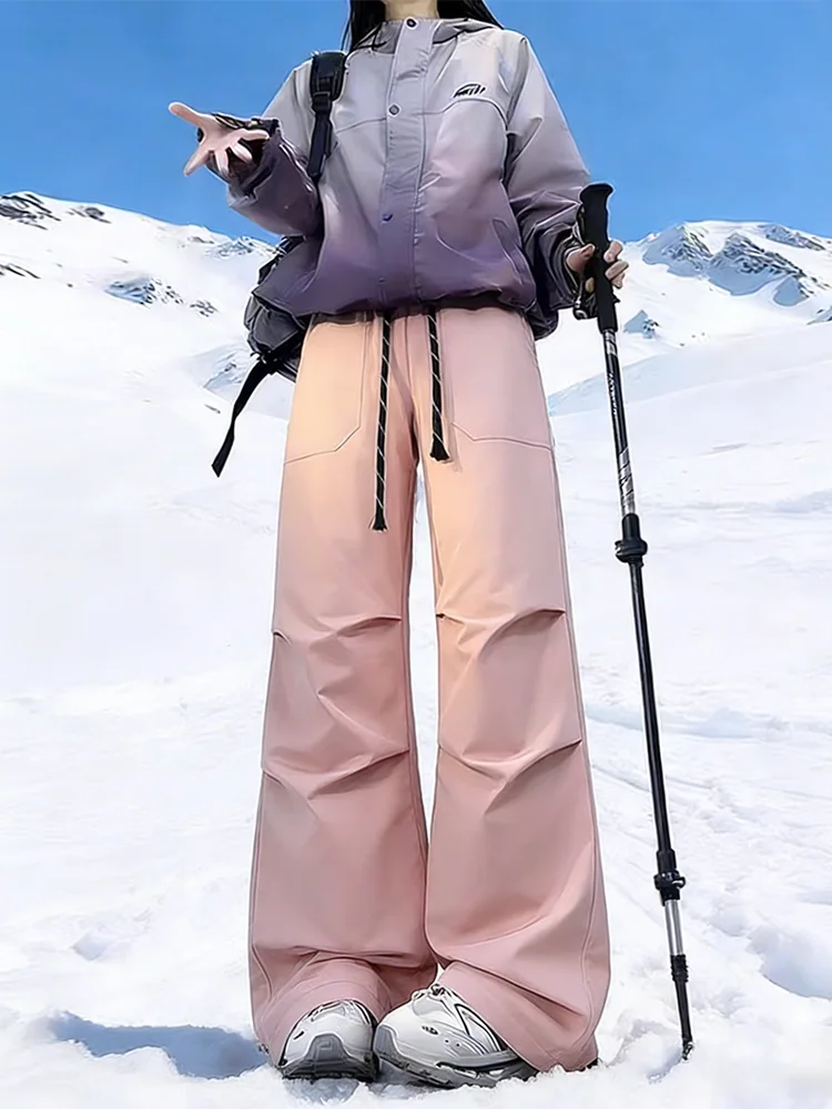 

Pink Fleece Lined Winter Snow Ski Pants Men Women Thickened Lamb Velvet American Paratrooper Trousers Harbin Northeast China