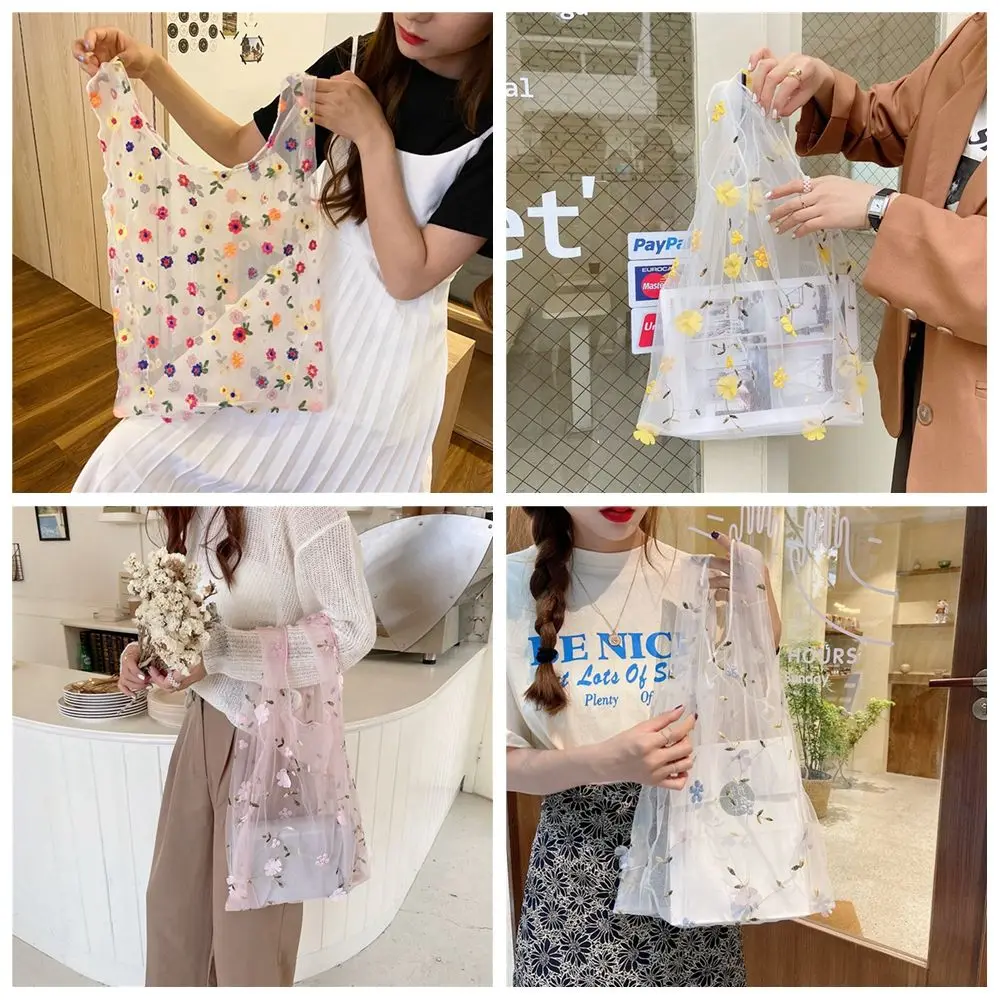 Women Girls Eco Purses Mesh Handbags Transparent Shopping Tote Embroidery HandBag