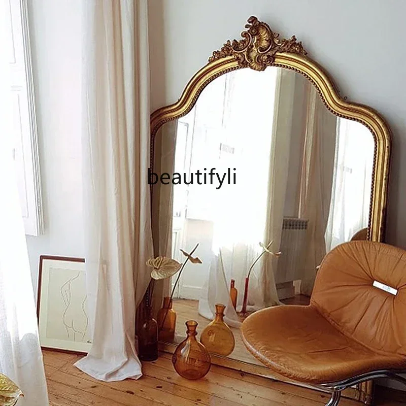 TTT  Vintage carved makeup mirror porch decorative mirror bedroom wall hanging American vanity mirror