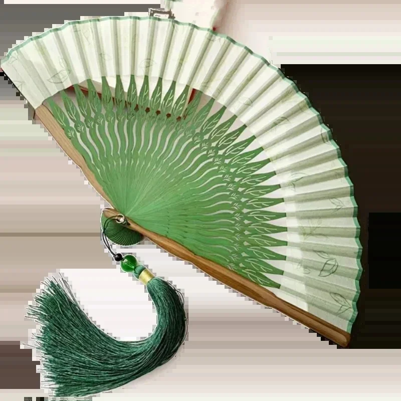 Ancient Style Dance Fan Chinese Style Hanfu Cheongsam Green Hand Folding Fan Summer Small Single-Sided Bamboo Ribs Portable Fan