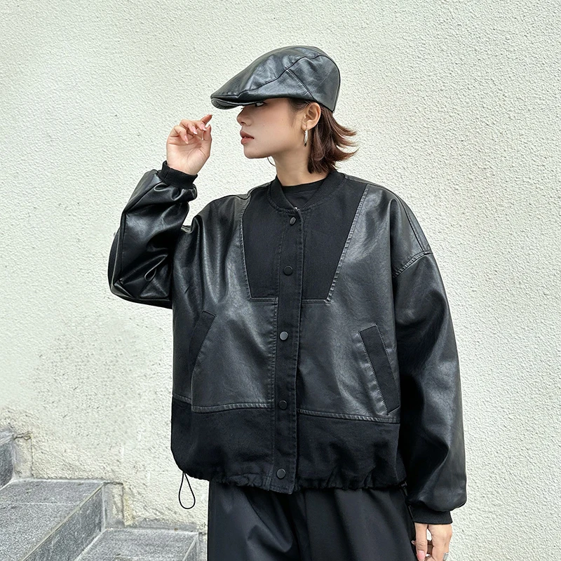 Masss Wasss Korean Winter Womens Fashion Vintage Casual Pu Jackets Biker Outerwear Ladies Oversized Patchwork Faux Leather Coats