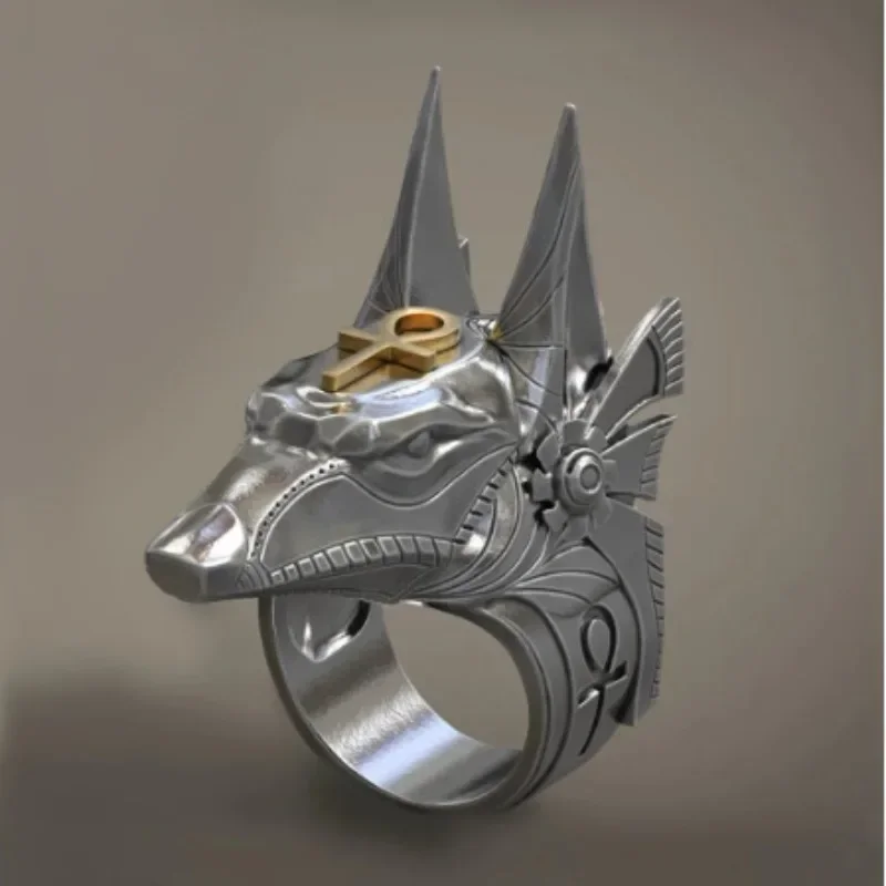 New Vintage Egyptian Cross Anubis God Rings for Men Unisex Punk Style Wolf Head Men Finger Rings Hiphop Party Ring Men