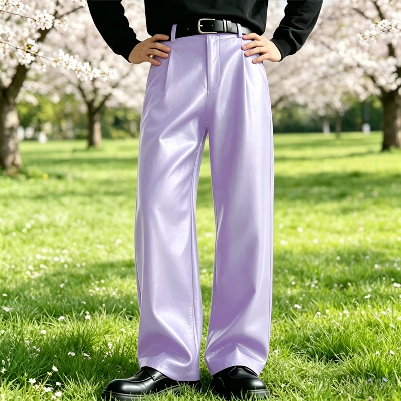 Luxury Men's PU Leather Pants High Waist Loose Straight Leg Soft Breathable Trousers Streetwear Fashion Daily Wear For Men