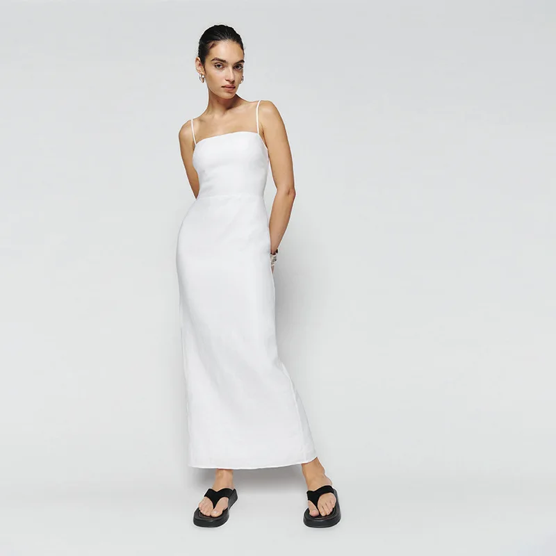 

Spot Goods857Summer New2025Solid Color Square Neck Linen Long Slip Dress French Retro Straight