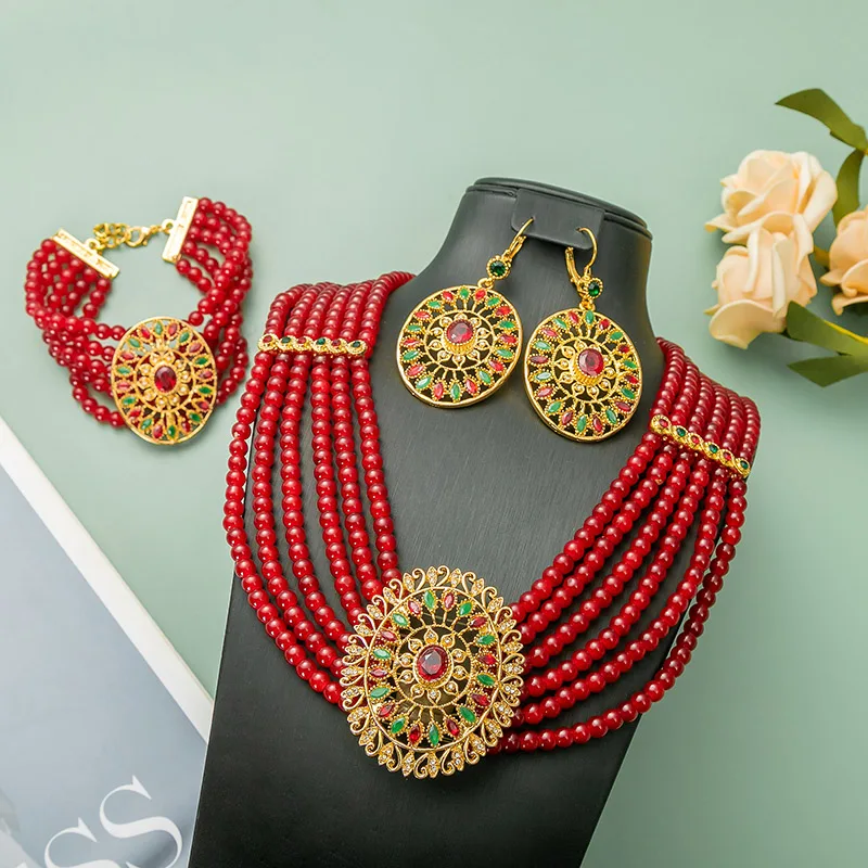 Moroccan Court Vintage Multi-Layer Red Bead Bridal Necklace Set Ethnic Diamond-Encrusted Jewelry Three-Piece Set