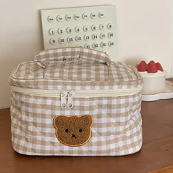 Cute Cartoon Bear Ladies Storage Bags Simple Plaid Female Clutch Purse Handbags Soft Fabric Women's Cosmetic Bag Make Up Case