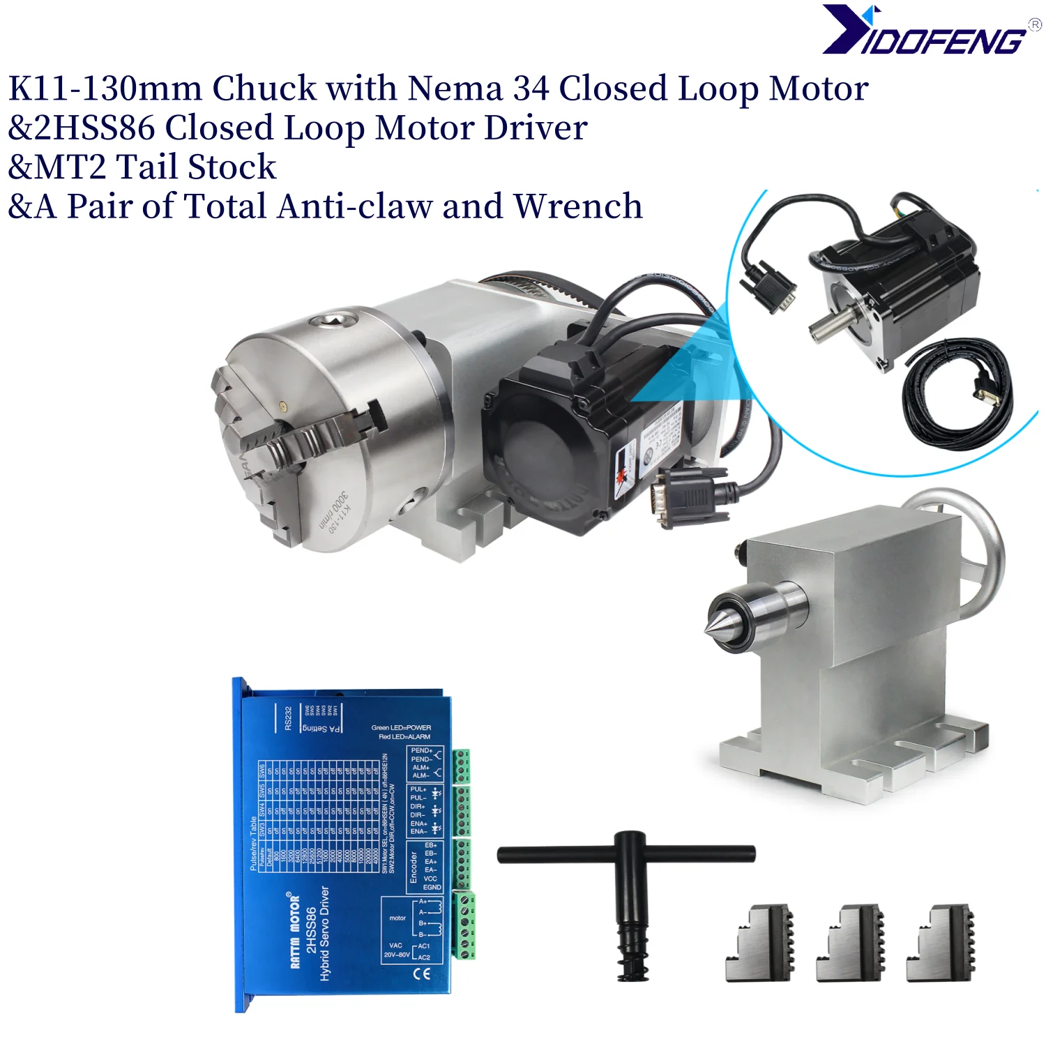 Fourth Axis Rotation Axis 4:1 CNC Router Machine 3/4 Jaw K11/K12-130mm Chuck&Nema34 Stepper Motor&MT2 Tail Stock&Motor Driver