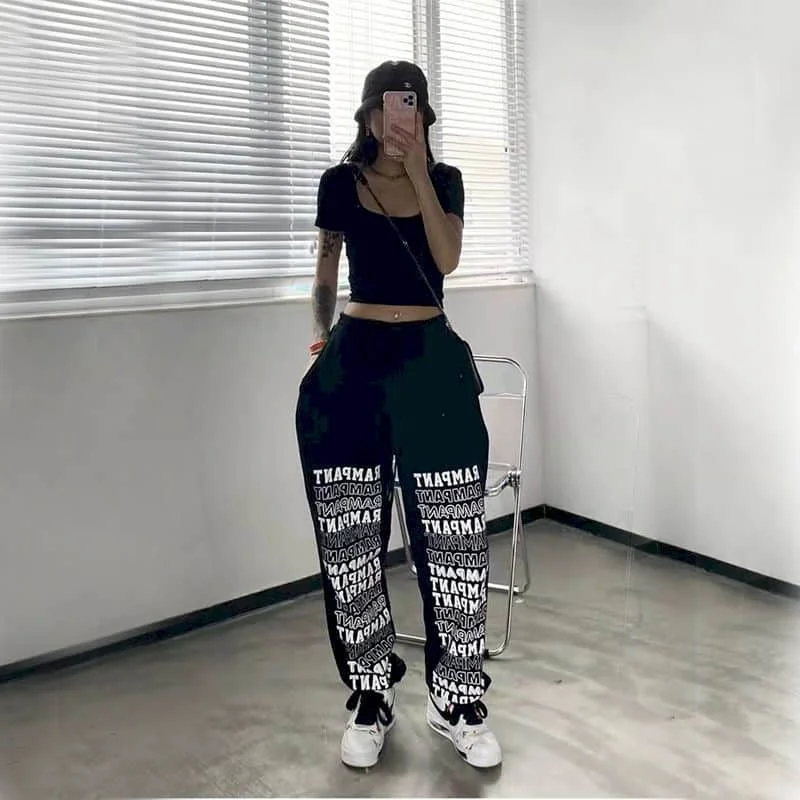 Preto hip-hop jazz calças impressão esportiva feminina de cintura alta solta calças casuais oversize cintura alta estilo rua impressão harem