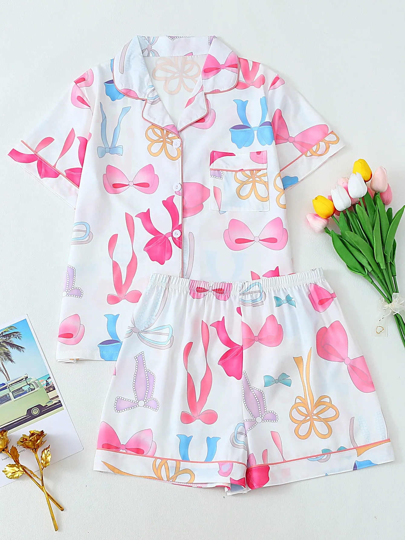 Women's Nightwear Cardigan Fashion Multicolor And Love Stripedprint Striped Short-sleeved Shorts Two Piece Set Ladies Sleepwear