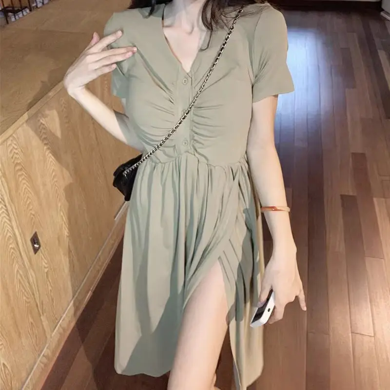 

French Style Folds Split Midi Dress Elegant V-Neck Summer Women's Clothing A-Line Waist Monochromatic Basic Short Sleeve Dresses