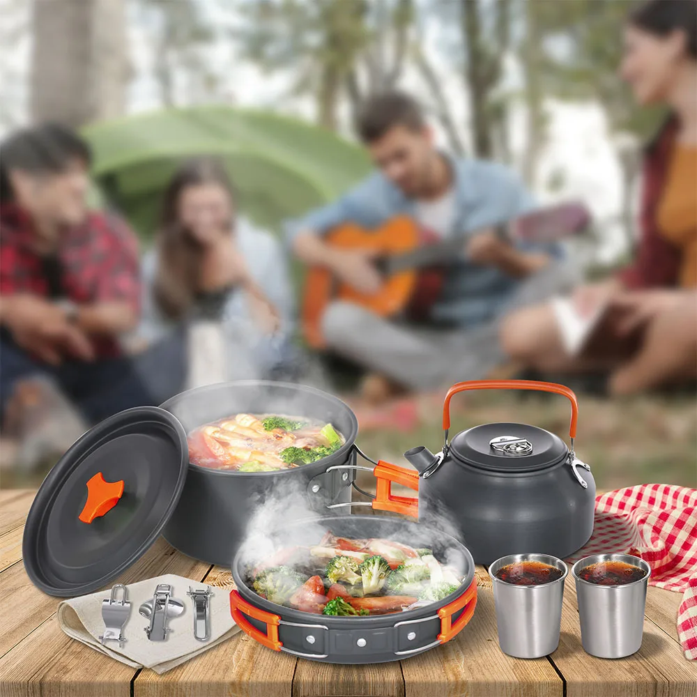 

Camping Cookware Set Lightweight Portable Pan Kettle Cups Spoon Fork Cutter for Picnic Hiking Foldable Tourist Cookware Cookware