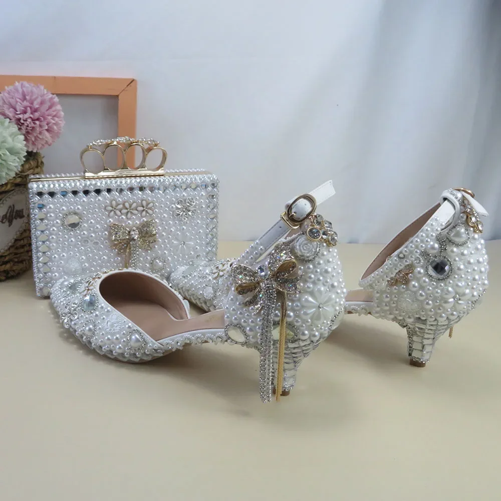 Woman‘s Pearl Wedding Shoes and Bag Sandals Woman Thin Heel Tassel Crystal Party Dress Shoes Woman High Pumps Ivory Pearl Clutch