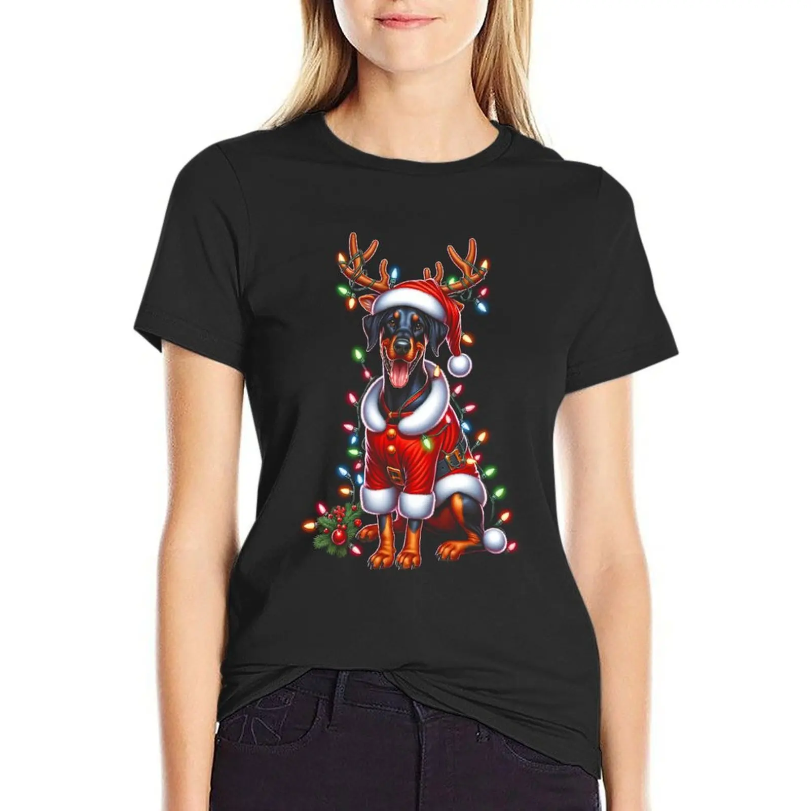 Doberman Dog Reindeer Christmas Light Vintage Ugly Sweater Santa's Hat Xmas T-Shirt cute clothes Woman T-shirts