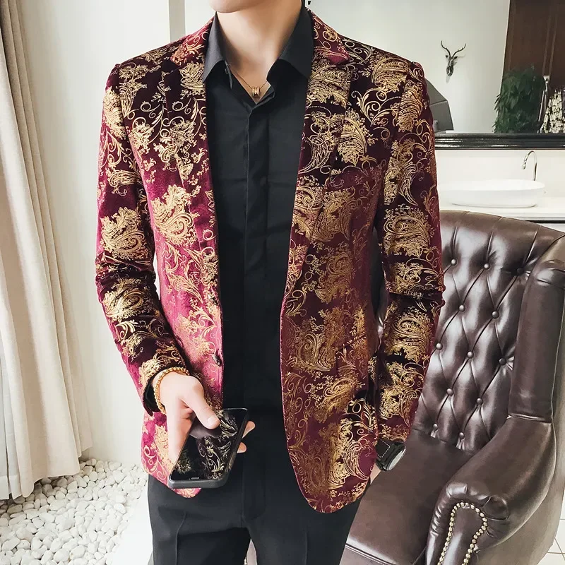 Gold Cashew Flowers Printed Luxury Blazers Men Slim Fit Silver Stage Costumes For Singers Mens Fashionable Suit Jackets 5XL